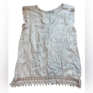 Terzo Millennio Ivory Cap Sleeve 100% Linen Blouse Top Crochet Eyelet Hem Med